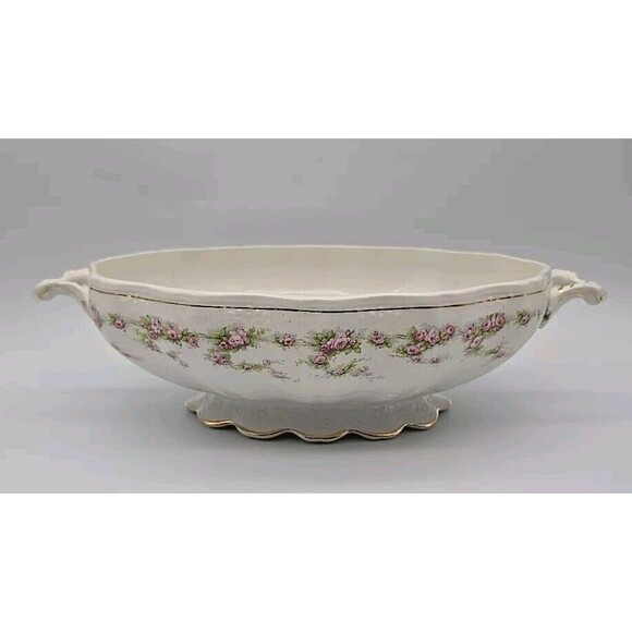 Vintage Dresden Semi Porcelain Two Handle Serving Bowl Rosesand Gold Trimmed - Picture 1 of 12